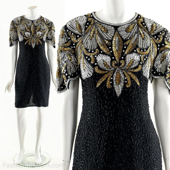 Beaded Silk Dress,Sequin Silk Dress,Heavily Beaded Black Dress,Ornate Baroque Dr - Picture 10 of 10